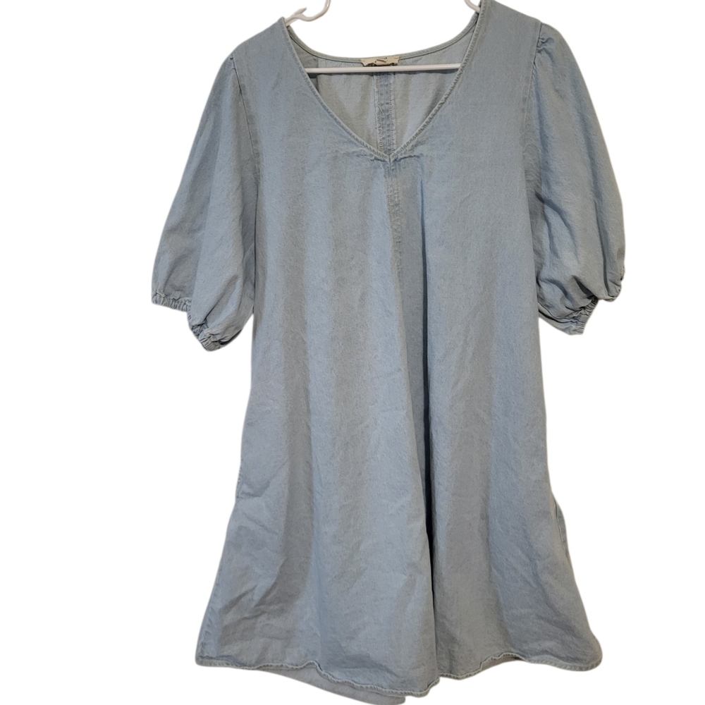 Easel Los Angeles Blue Soft Cotton Denim Puffy Sleeve Short Dress, M